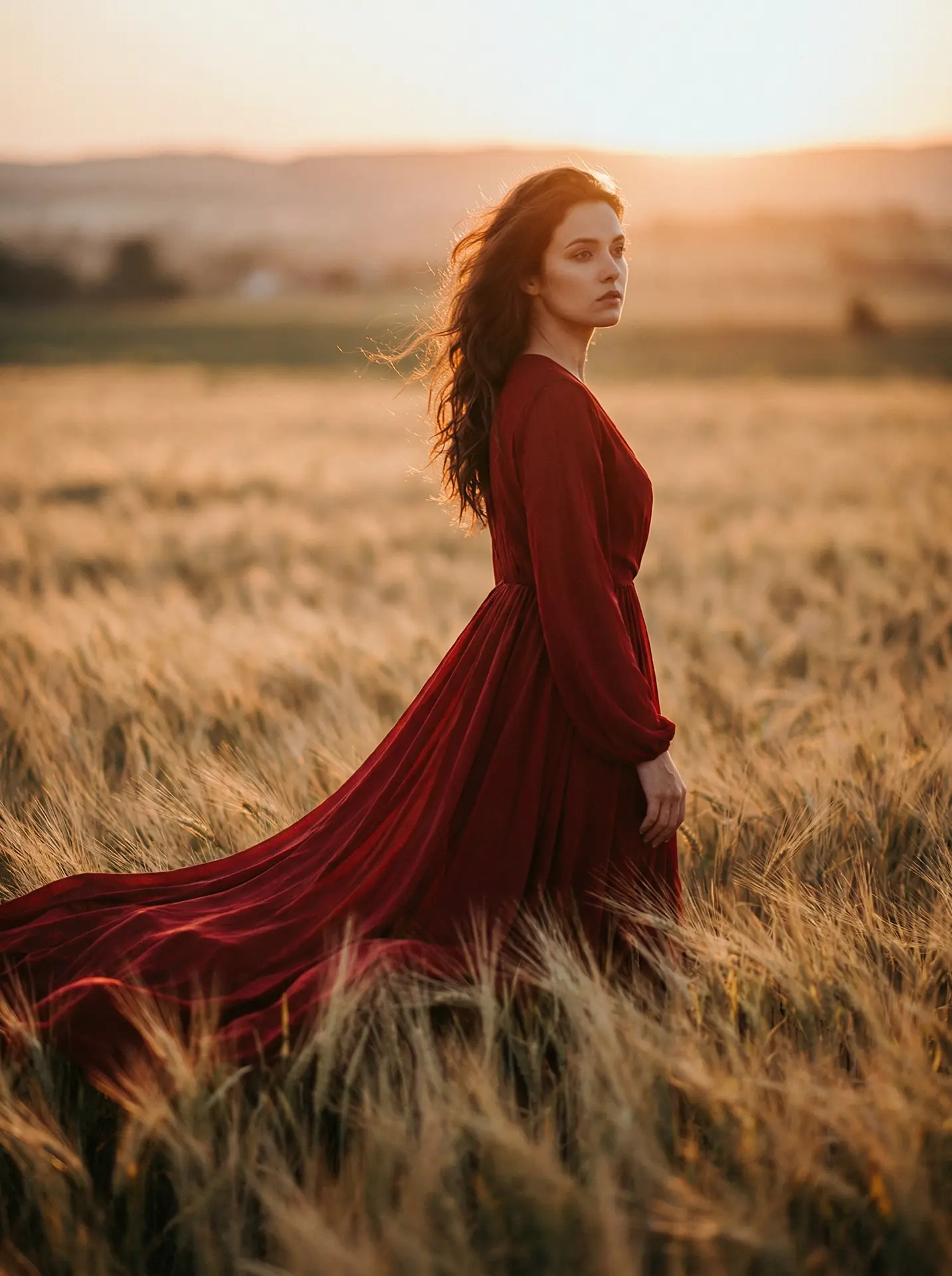 黄色软件大全下载18 精选 - 金色麦田中的红裙人像